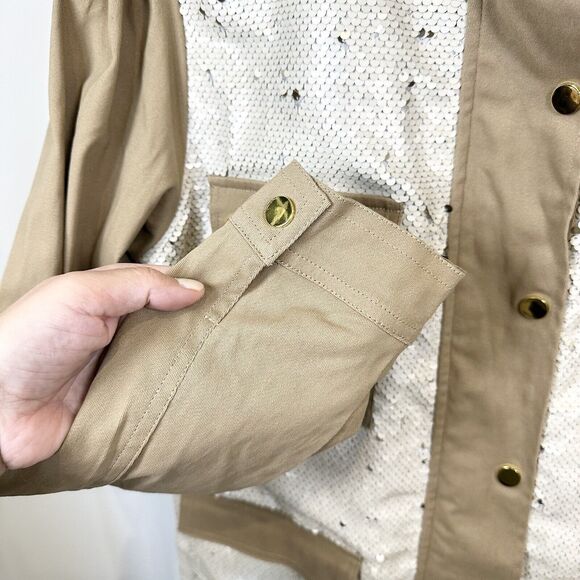 Boston Proper Jacket Women’s Large Beige Sequin Embellished Puff Sleeve Utility - Picture 5 of 16